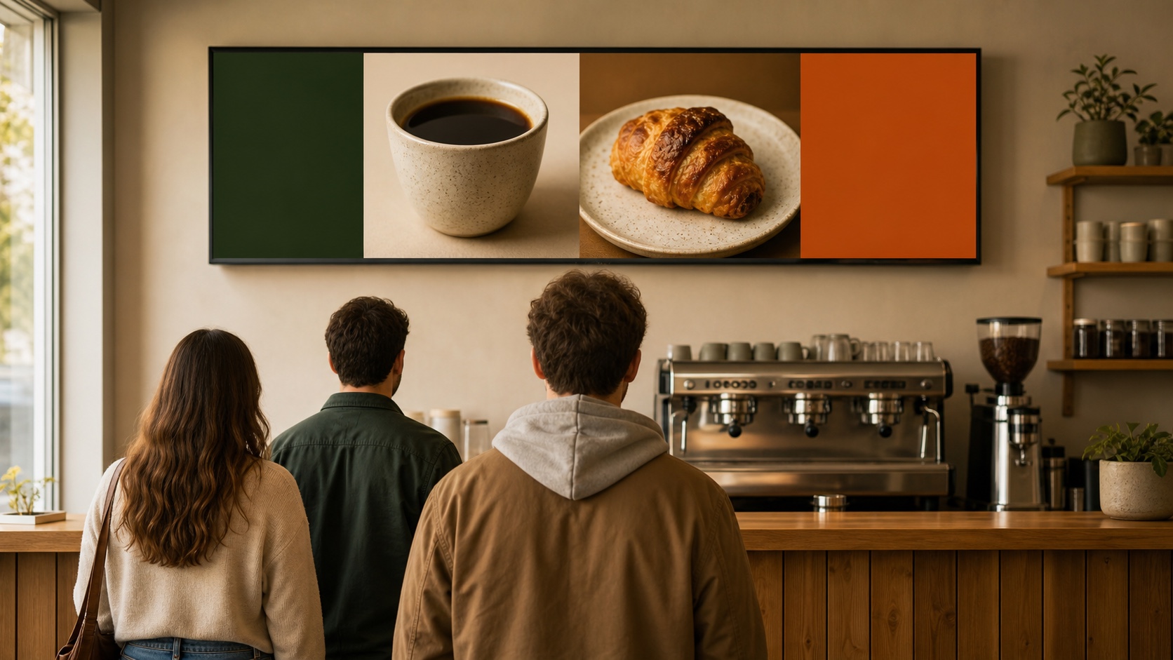Clientes na fila de uma cafeteria olhando a tela com fotos de café e croissant em blocos grandes