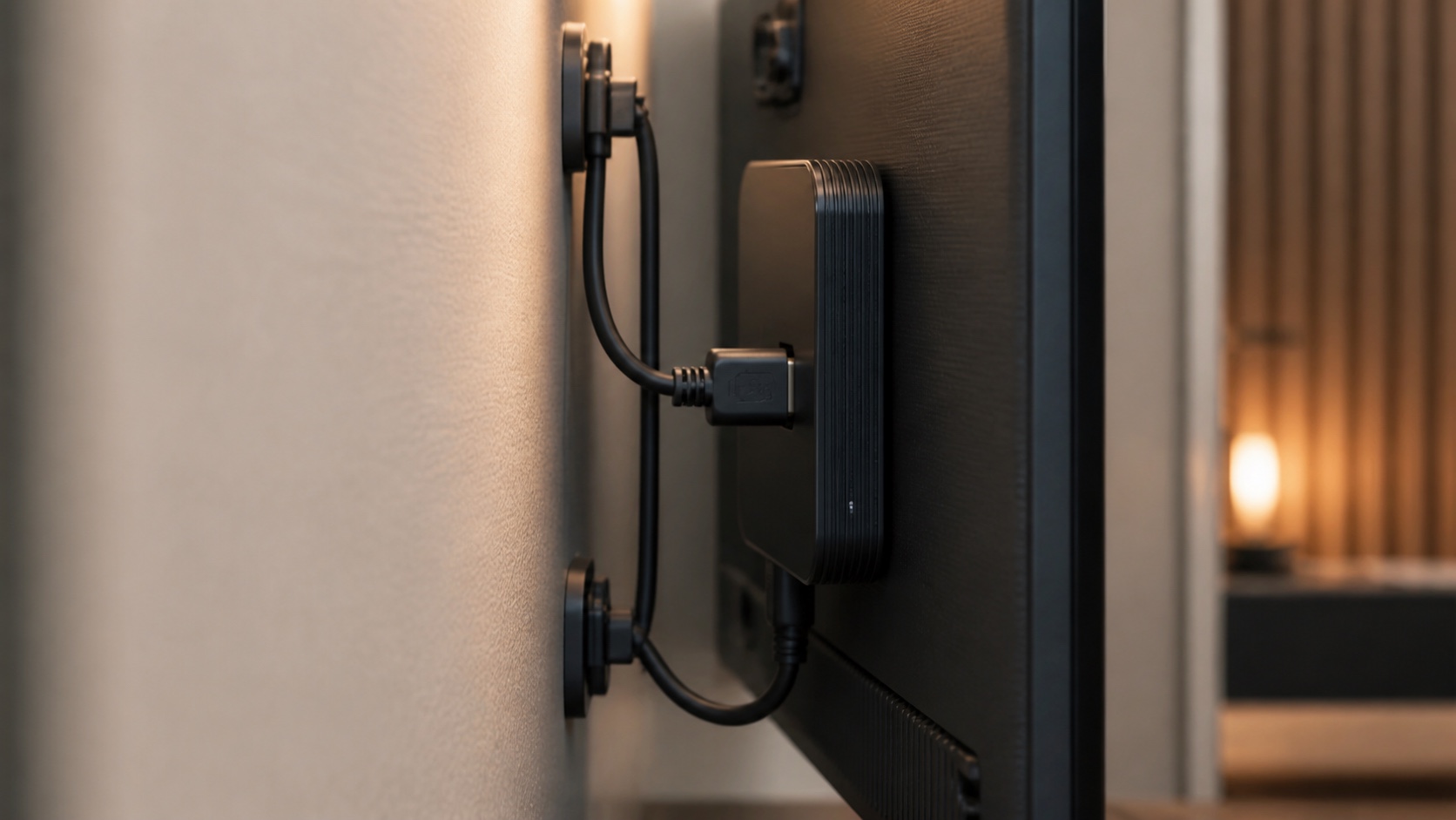 Player de sinalização digital instalado atrás da TV, conectado por cabo HDMI