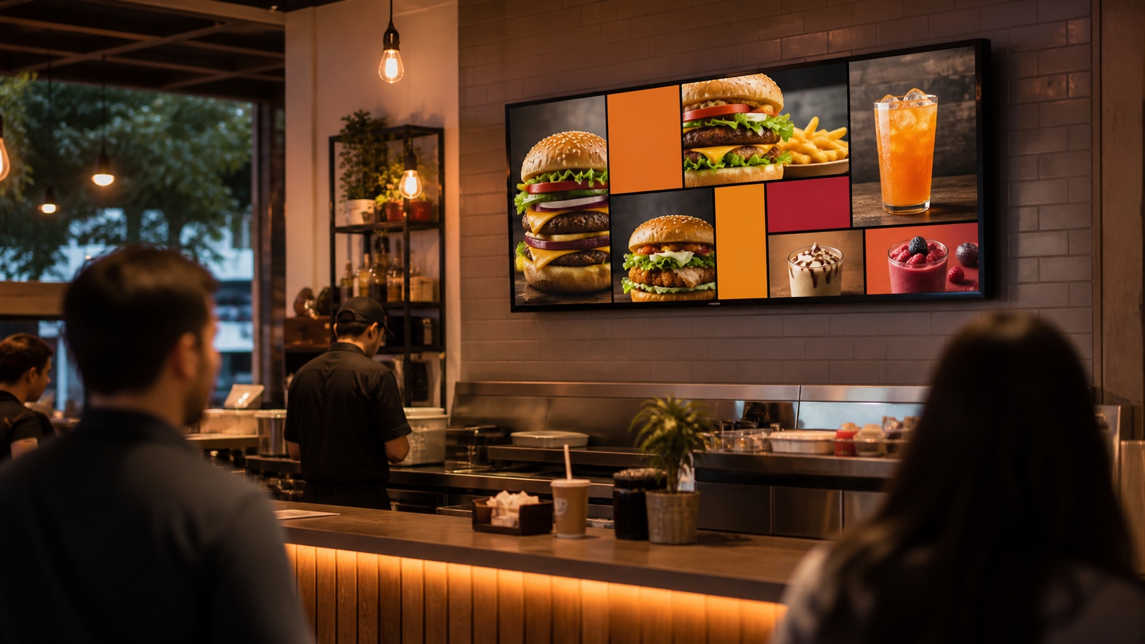 TV usada como painel digital acima do balcão de um restaurante, exibindo fotos de lanches e bebidas