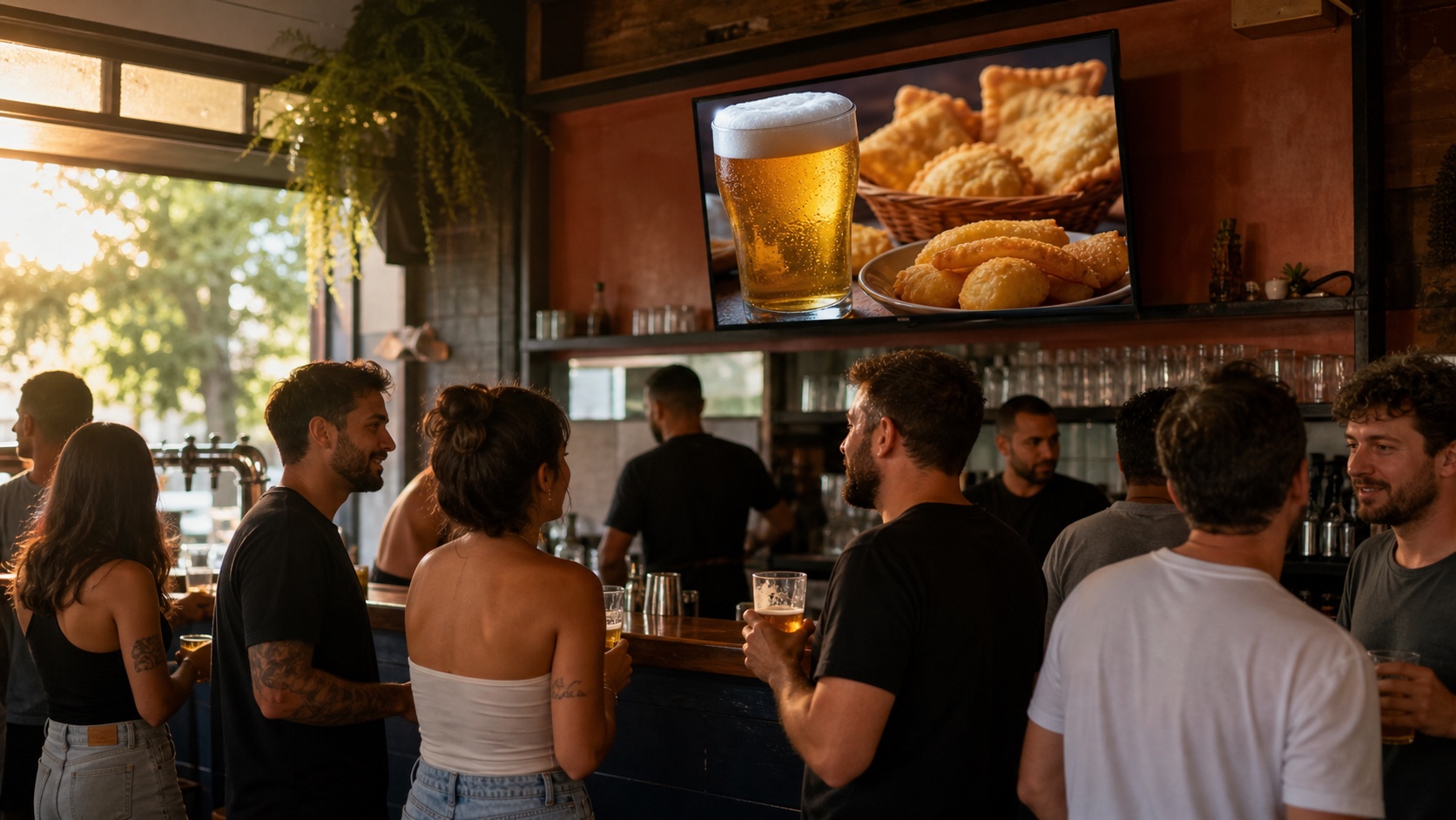Bar movimentado no fim da tarde com uma tela exibindo a promoção de chope enquanto clientes conversam no balcão